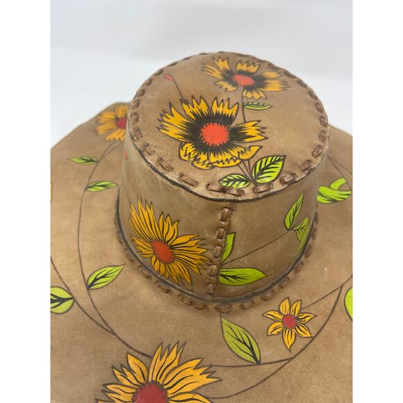 Vintage Leather Stitch Hand Painted Sunflower Wide Brim Ladies Hat ~AMAZING OOAK - Picture 9 of 16